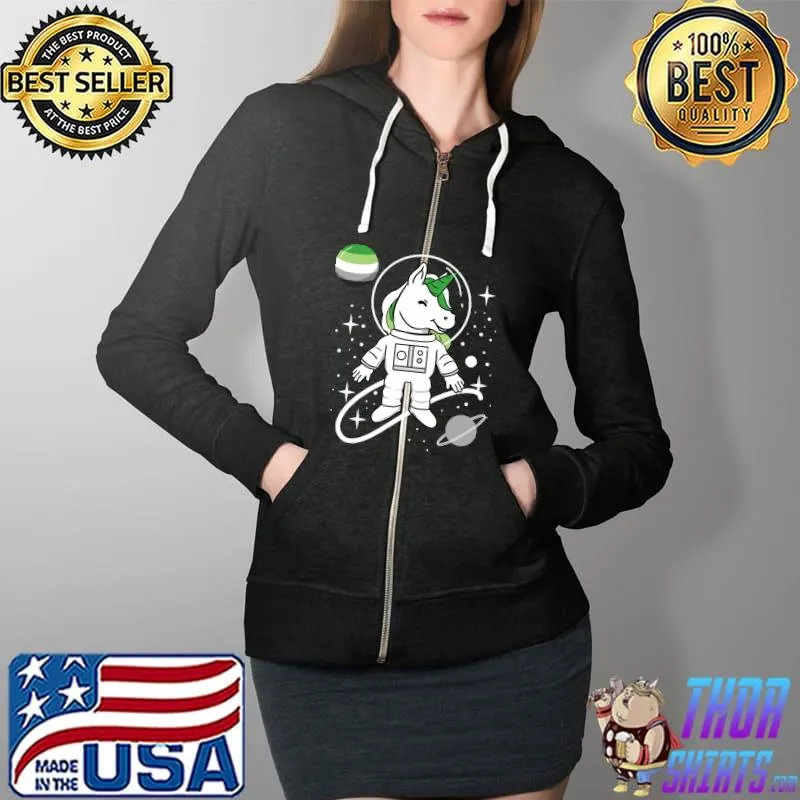 Unicorn Astronaut Aromantic Pride T-Shirt Full Zip Hooded