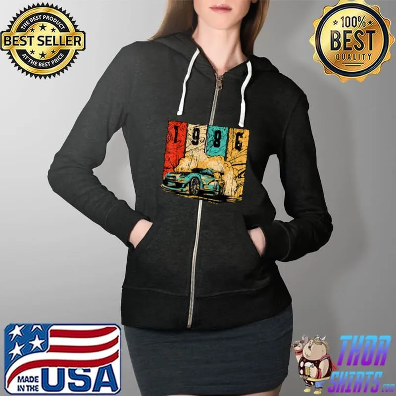 1986 Birthday Vintage Drift Car Retro Drifting Racecar T-Shirt Full Zip Hooded