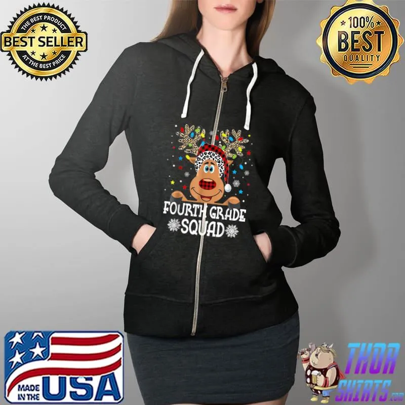 4th Grade Squad Plaid Reindeer Santa Hat Teacher Christmas T-Shirt Full Zip Hooded