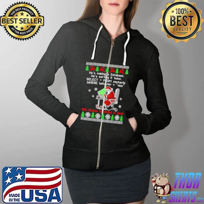 Awesome Santa Claus he’s making database he’s sorting it twice select from contacts where behavior nice Ugly Christmas Full Zip Hooded