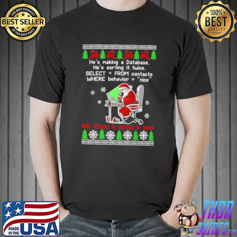 Awesome Santa Claus he’s making database he’s sorting it twice select from contacts where behavior nice Ugly Christmas Unisex
