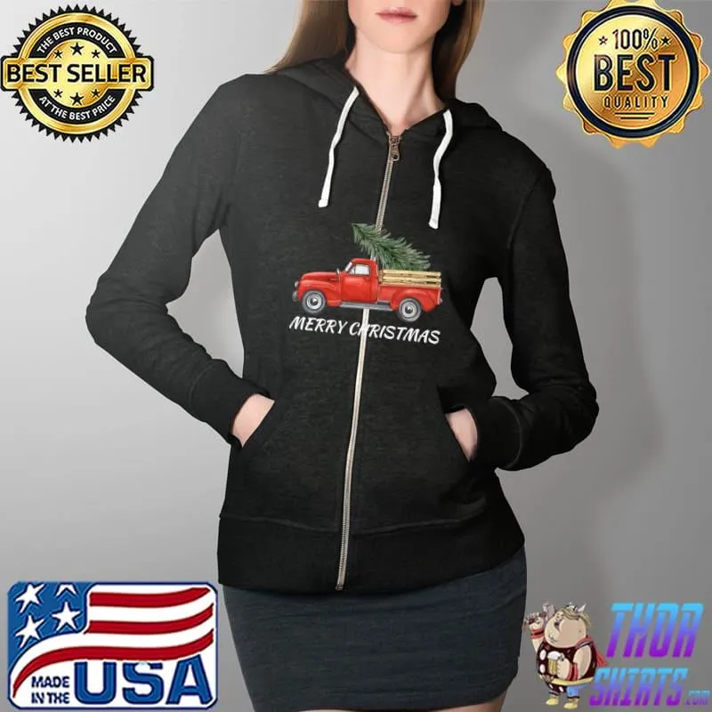 Awesome Watercolor Merry Christmas Truck WIth Tree T- Full Zip Hooded