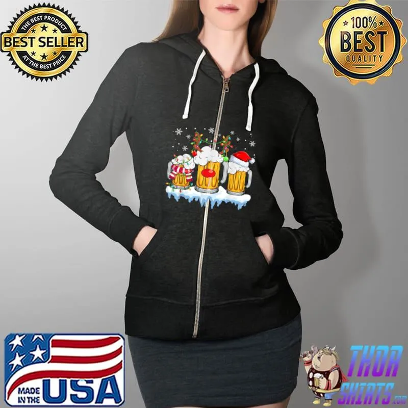 Beer Santa Hat Christmas Lights Funny Christmas Beer Lovers T-Shirt Full Zip Hooded