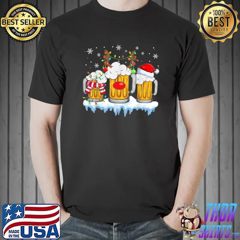 Beer Santa Hat Christmas Lights Funny Christmas Beer Lovers T-Shirt Unisex