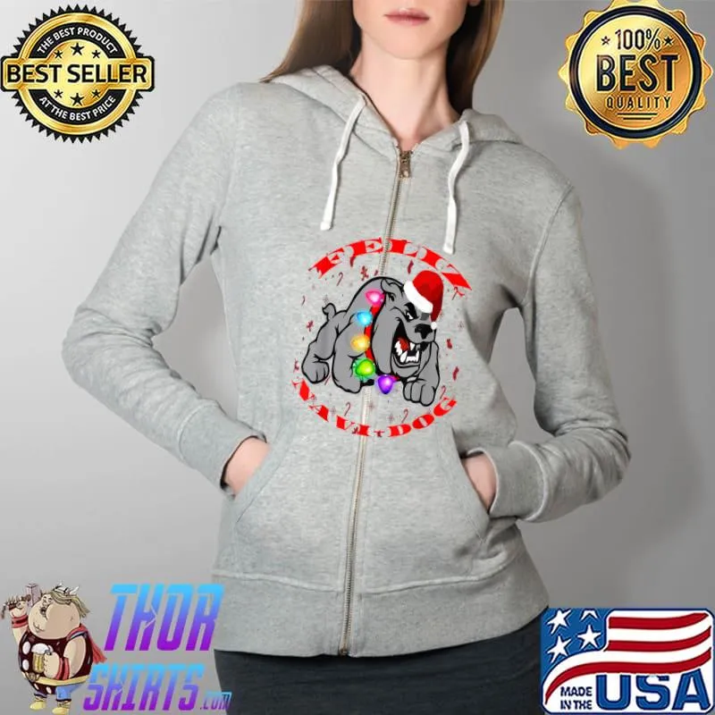 Best Feliz NaviDog Cute Christmas Bulldog with Santa Hat T-Shirt Full Zip Hooded