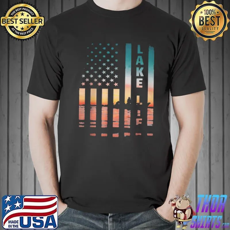 Best Lake life fisherman sunset American flag bass fishing boat shirt