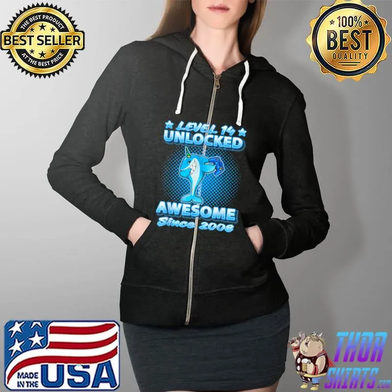 Best Level 14 Unlocked Born 2008 Dabbing Sharkicorn 14th Birthday T-Shirt Full Zip Hooded