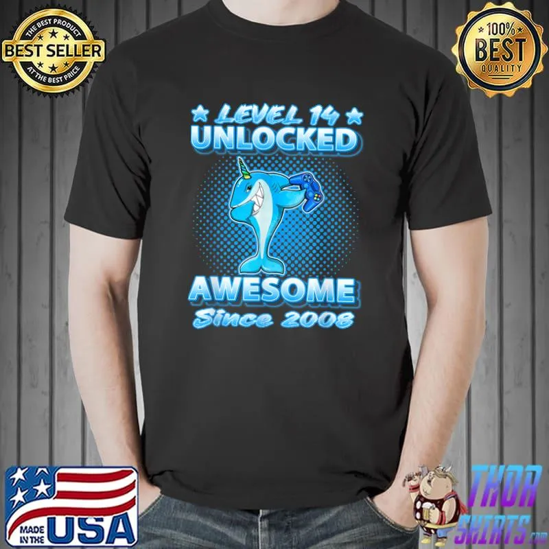 Best Level 14 Unlocked Born 2008 Dabbing Sharkicorn 14th Birthday T-Shirt
