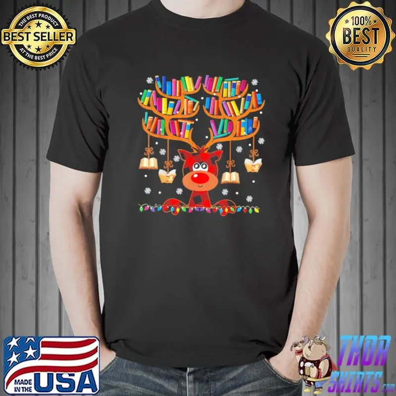 Classic Christmas Library Red Deer Gift For Librarian And Book Lover T-Shirt Unisex