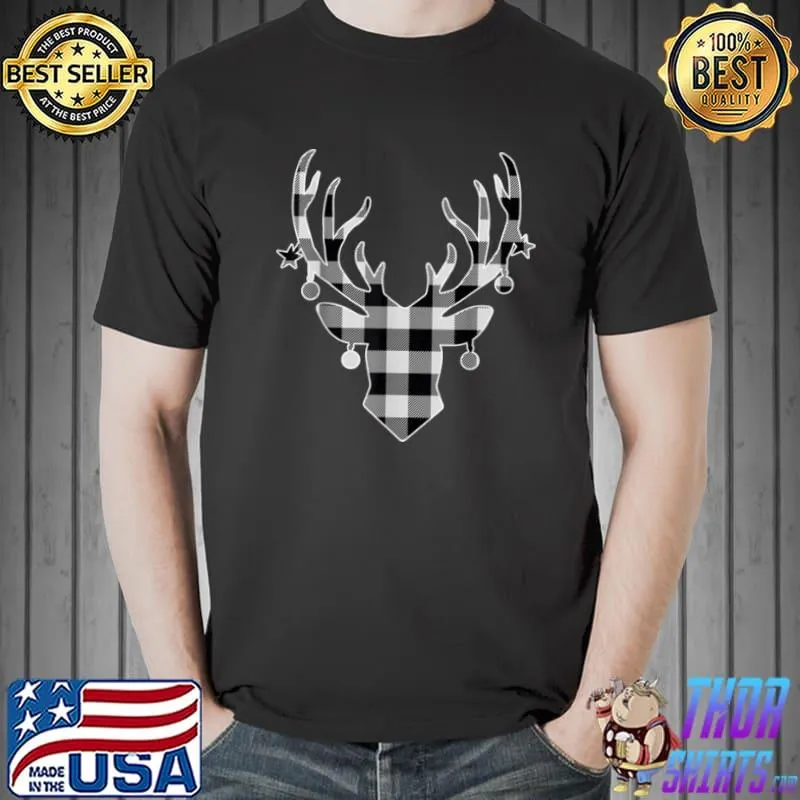 Classic White & Black Christmas Buffalo Plaid Reindeer T Shirt Unisex