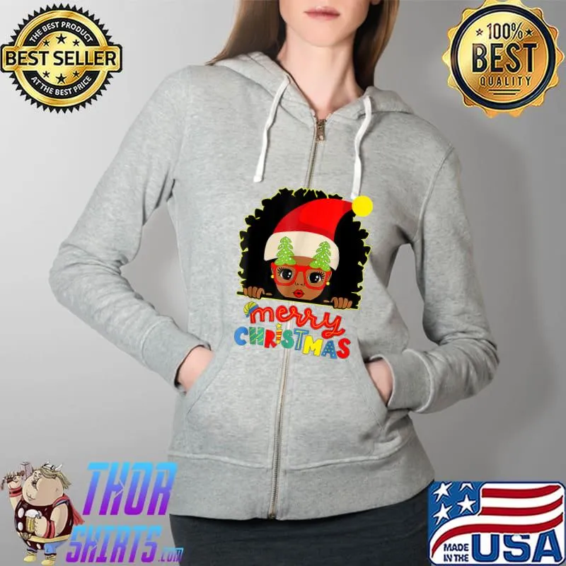 Cute Afro Black Girl Glasses Santa Melanin Merry Christmas T-Shirt Full Zip Hooded