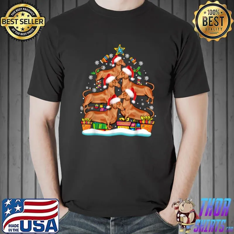 Dachshund Christmas Tree Santa Hat Decorations Xmas Gifts T Shirt