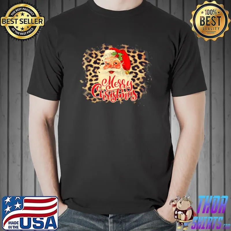 Funny Leopard Vintage 70s Santa Merry Christmas Santa Claus Face T-Shirt