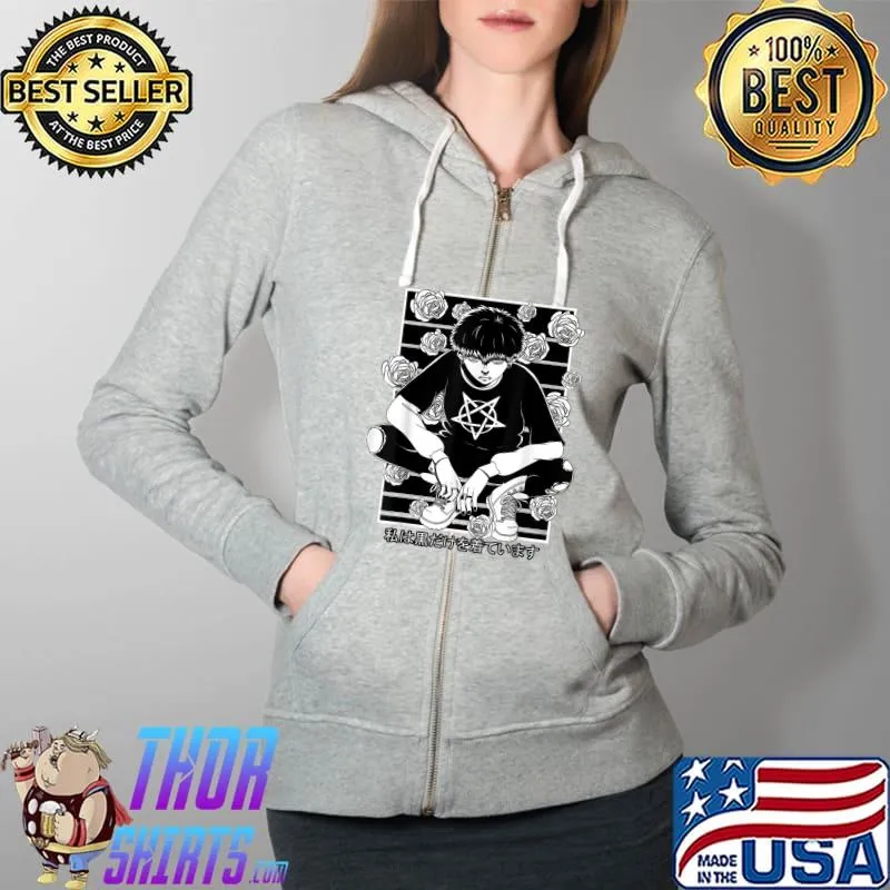 Goth Anime Boy Gothic Japanese Aesthetic Vaporware T-Shirt Full Zip Hooded