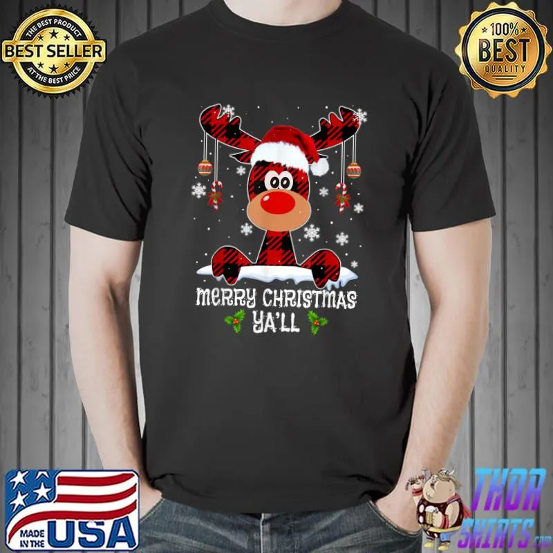 Merry Christmas Ya'll Buffalo Red Plaid Reindeer Santa Hat T-Shirt Unisex