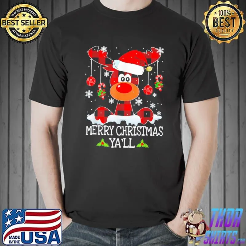 Merry Christmas Ya'll Reindeer Santa Hat Buffalo Red Plaid T-Shirt Unisex