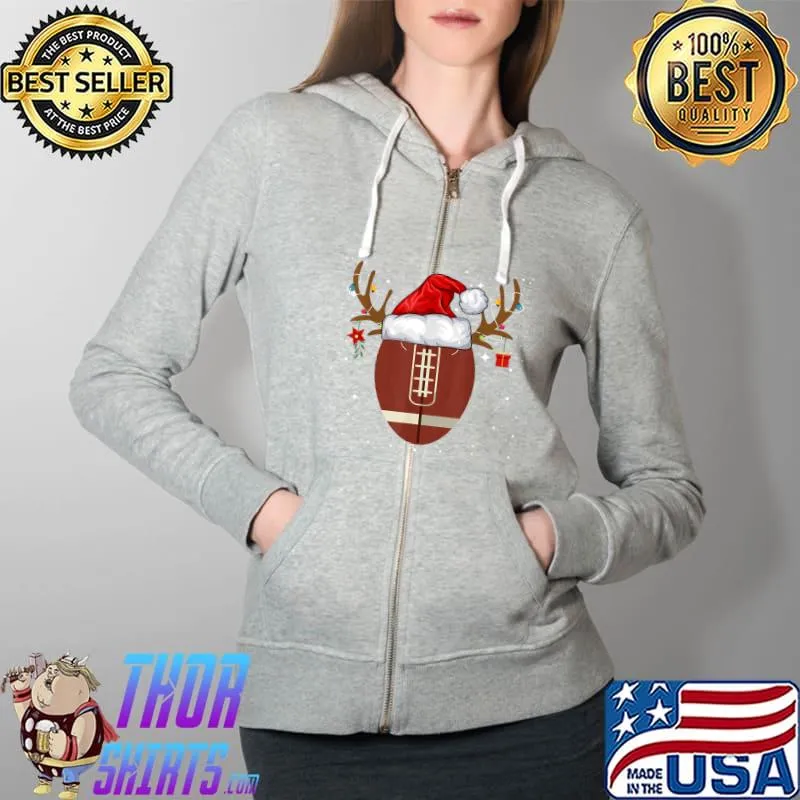 Nice Christmas Football Ball Santa Hat Reindeer Xmas Lights Gifts T-Shirt Full Zip Hooded