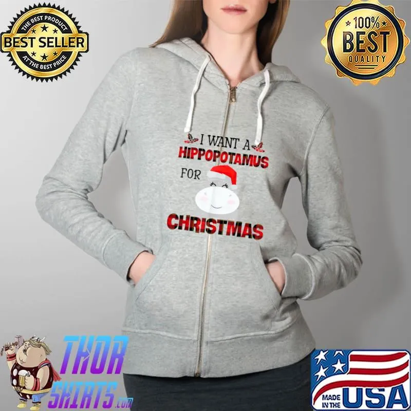 Nice I Want A Hippopotamus For Christmas Hippo Buffalo Plaid T-Shirt Full Zip Hooded