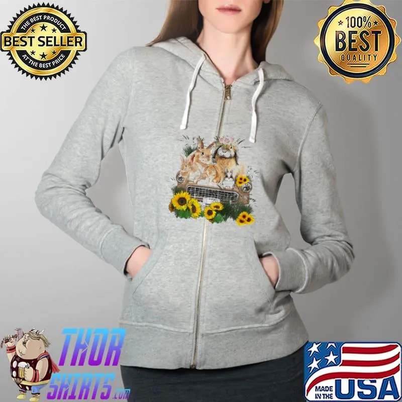 Nice Rabbit sitting on a car sunflower Shirt Full Zip Hooded
