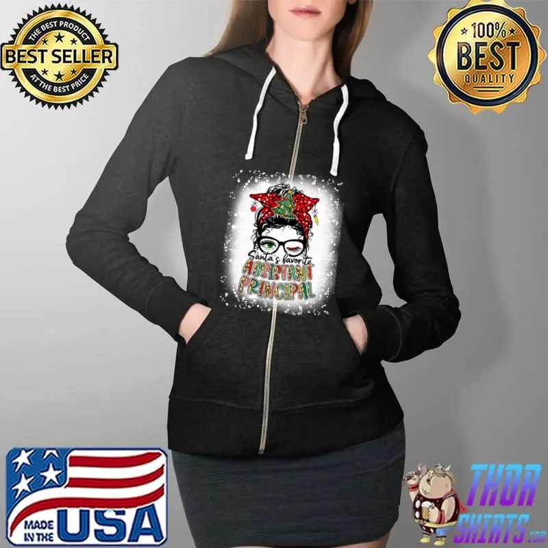 Official Bleached Santa's Favorite Assistant Principal Messy Bun Xmas T- Full Zip Hooded