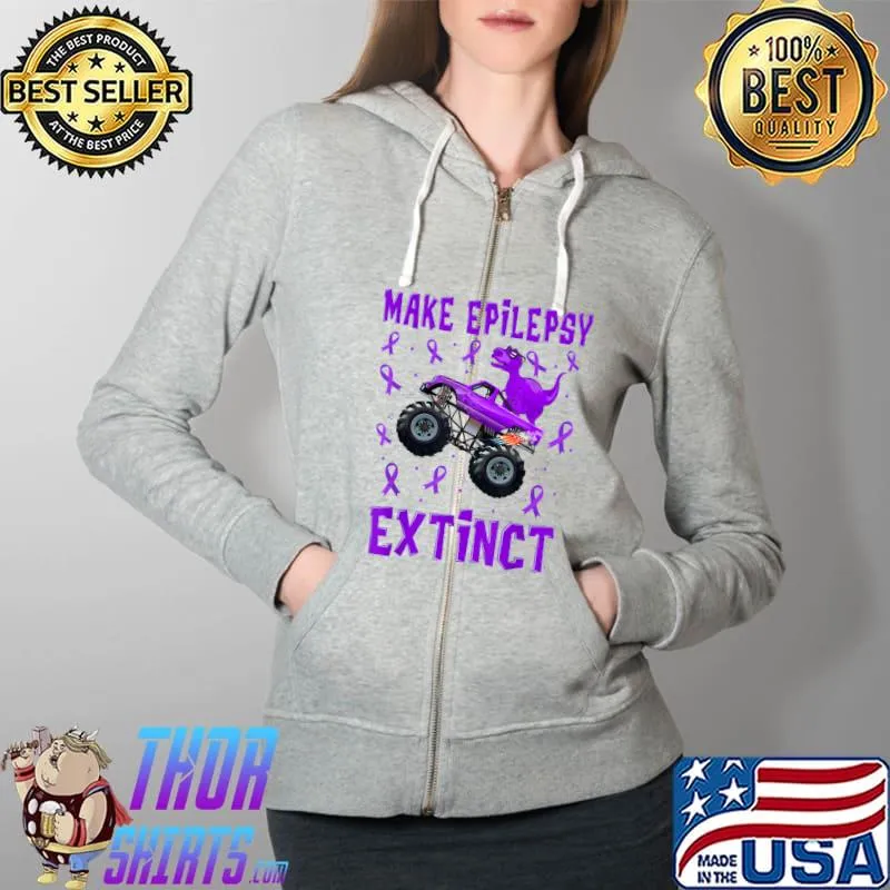 Official Dinosaur Monster Truck Make Epilepsy Extinct Awareness Kids T-Shirt Full Zip Hooded