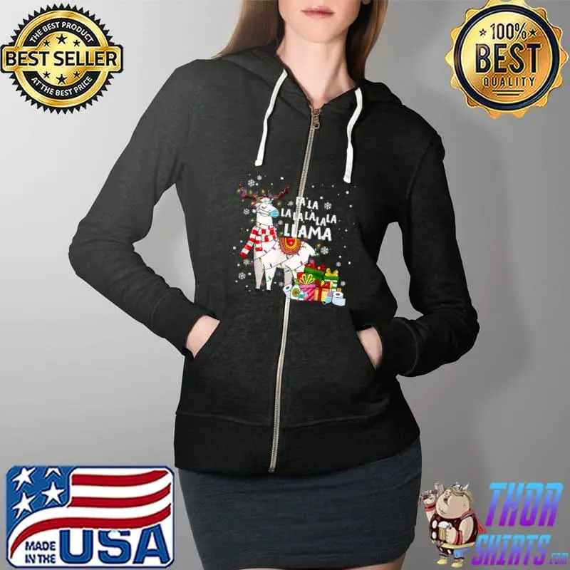Official Fa La La Llama Christmas 2021 Llama Face Mask Pajama Xmas T Shirt Full Zip Hooded