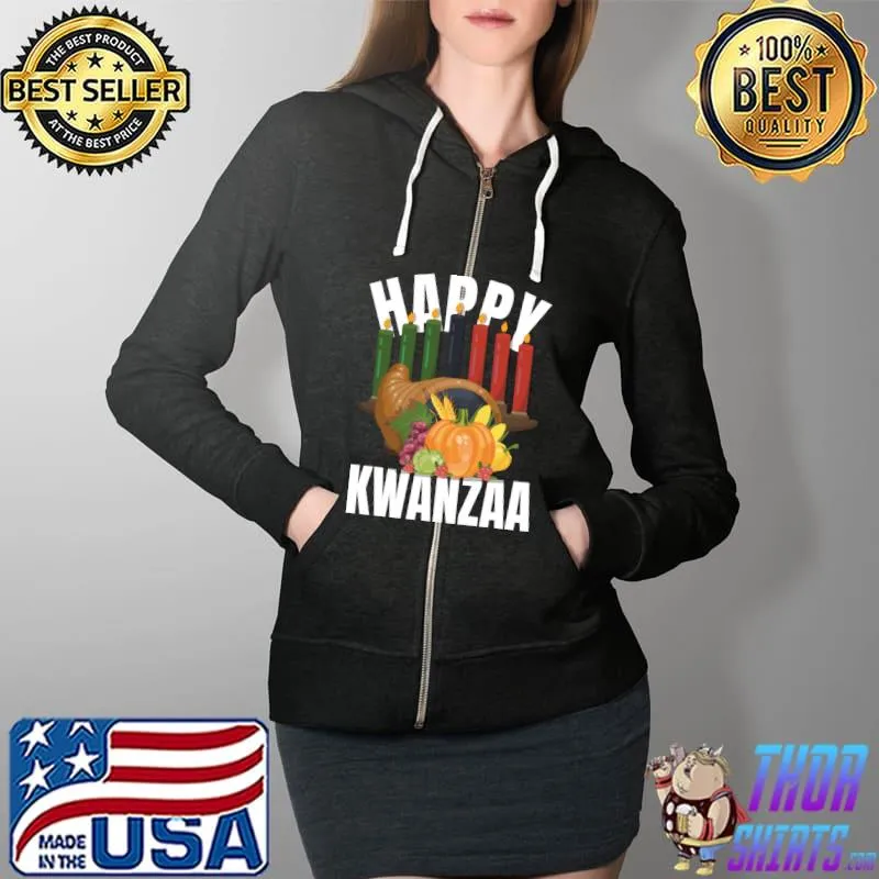 Official Happy Kwanzaa African American Holiday Candles First Fruits T- Full Zip Hooded