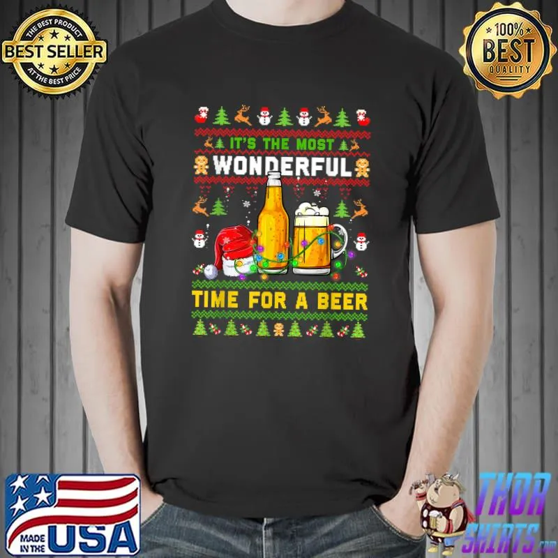 Official Its The Most Wonderful Time For A Beer Ugly Sweater Santa T-Shirt