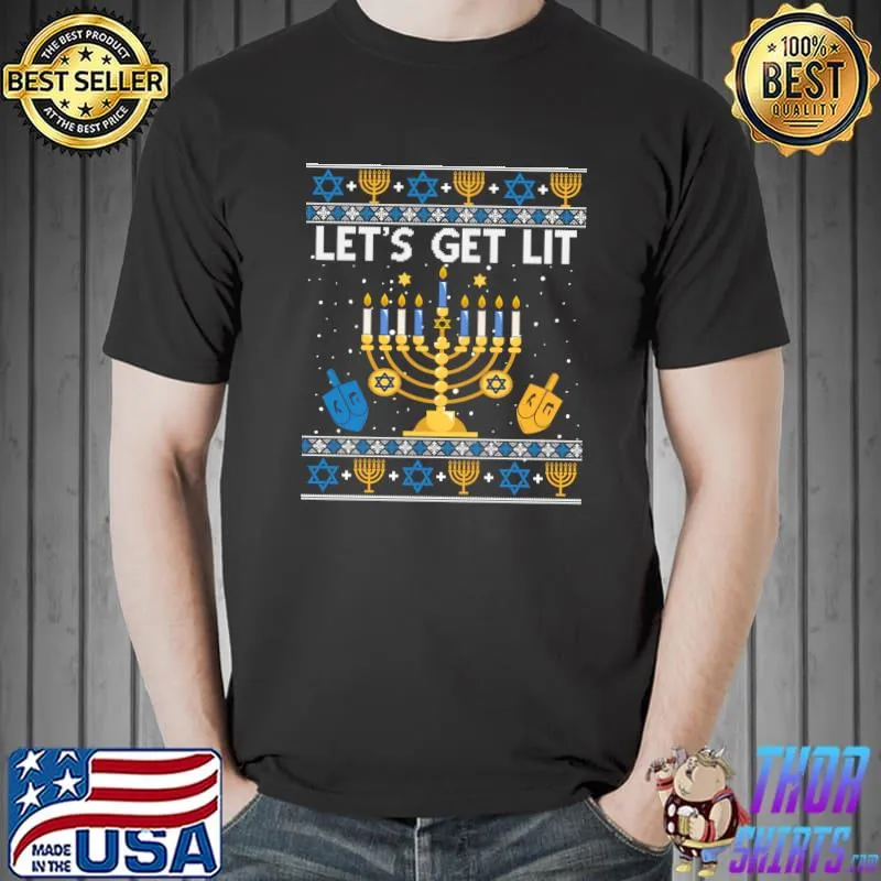 Official Let's Get Lit Hanukkah Jew Menorah Jewish Chanukkah Xmas T-shirt