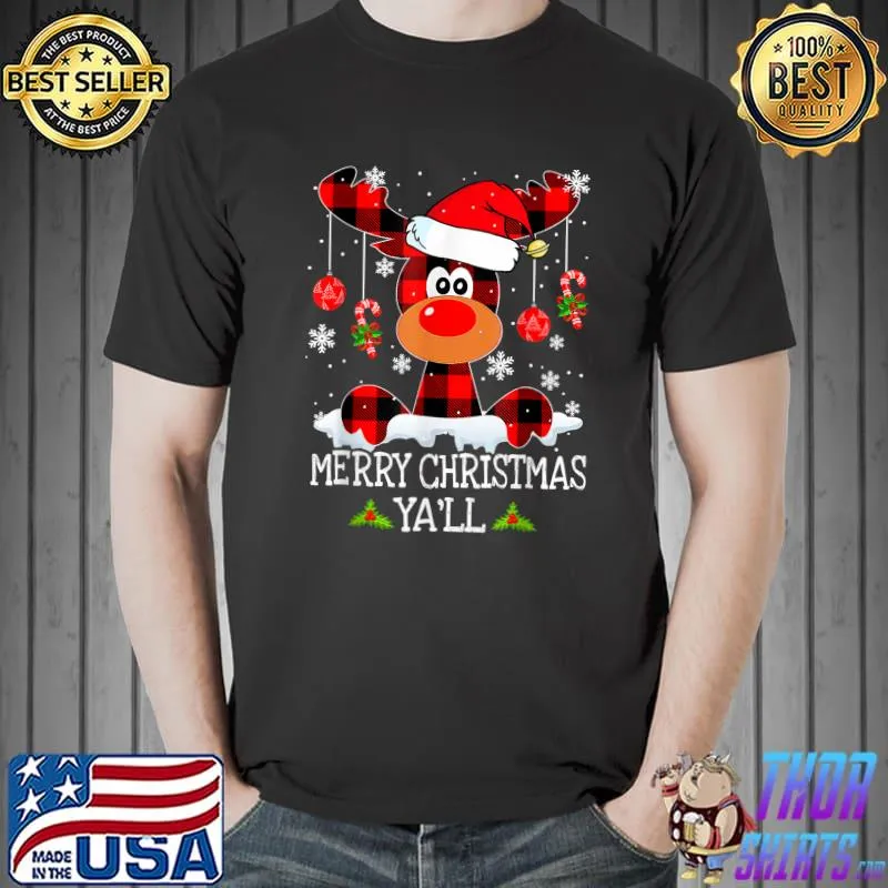 Official Merry Christmas Ya'll Buffalo Red Plaid Reindeer Santa Hat T-Shirt Unisex