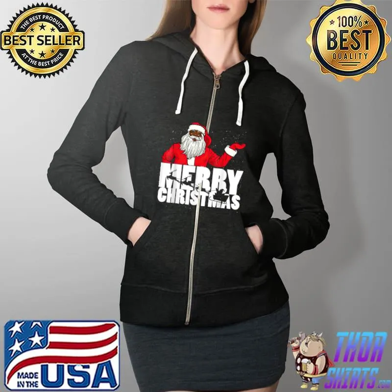 Original Black Merry Christmas Santa with Sleigh T-Shirt Full Zip Hooded