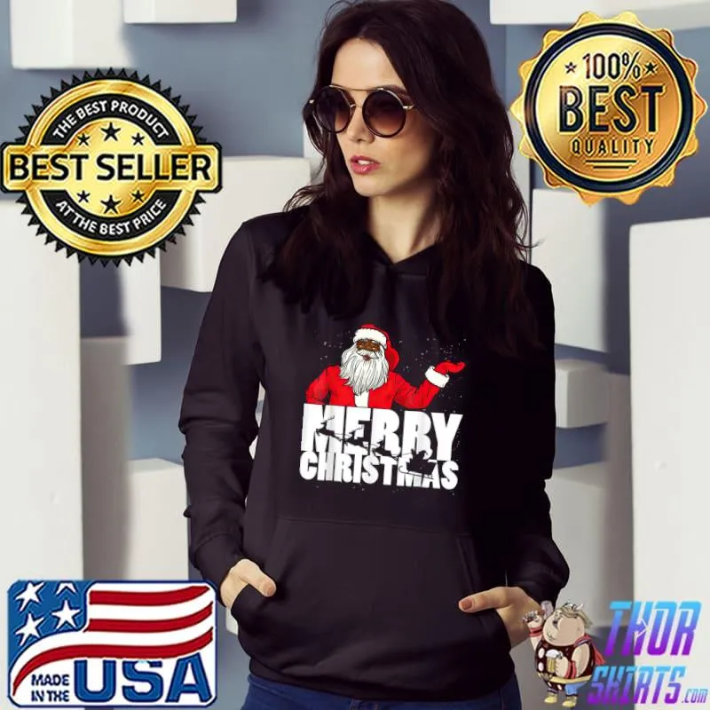 Original Black Merry Christmas Santa with Sleigh T-Shirt Hoodie