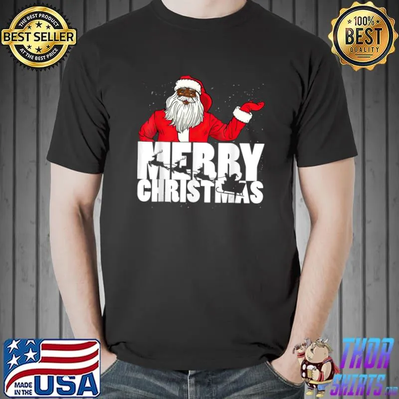 Original Black Merry Christmas Santa with Sleigh T-Shirt