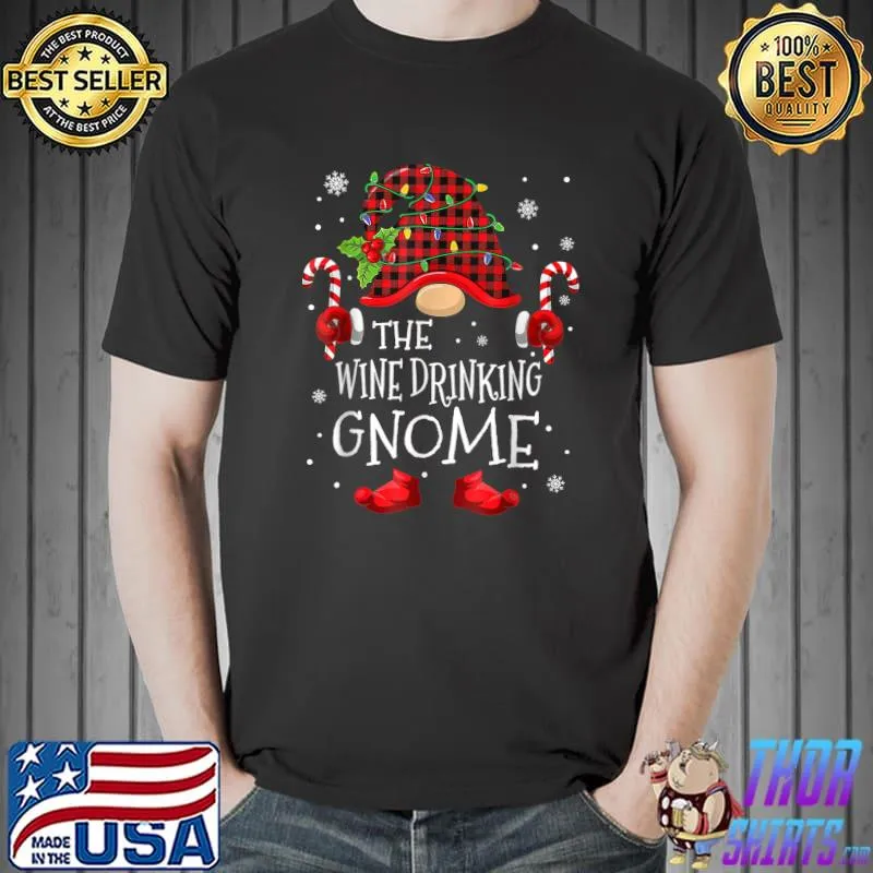 Original Wine Drinking Gnome Buffalo Plaid Matching Family Christmas T-Shirt Unisex