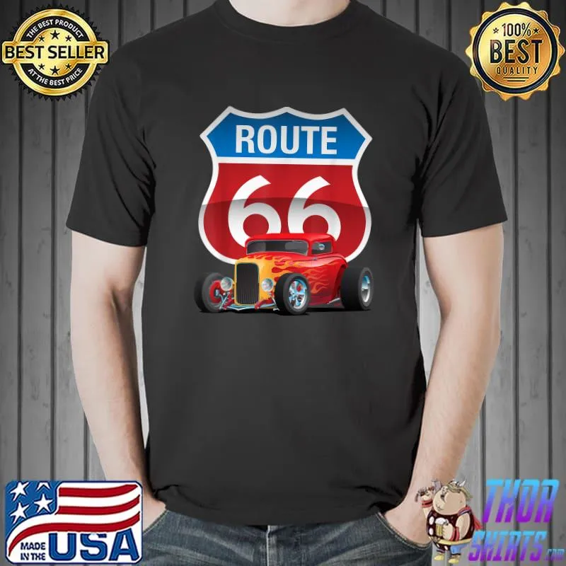 Premium America's Highway Historic Route 66 with 1930s Hot Rod Car T-Shirt Unisex
