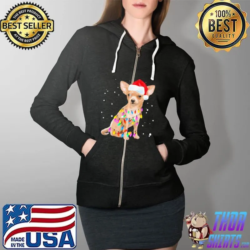 Premium Christmas Lights Chihuahua with Santa Hat Pajamas Shirt Full Zip Hooded