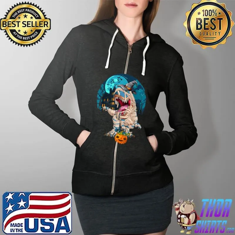 Premium Halloween Boys Dinosaur T rex Mummy Witch Hat Pumpkin Candy T Shirt Full Zip Hooded