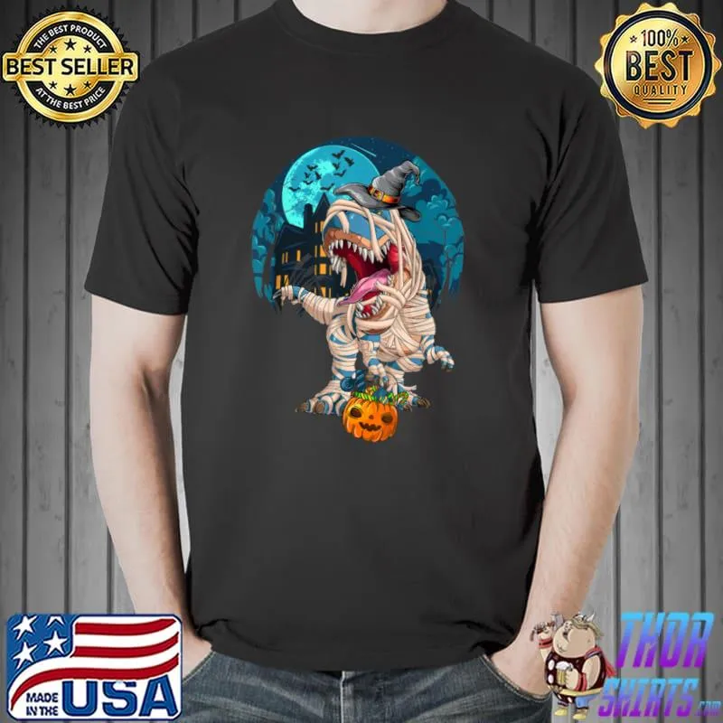 Premium Halloween Boys Dinosaur T rex Mummy Witch Hat Pumpkin Candy T Shirt Unisex