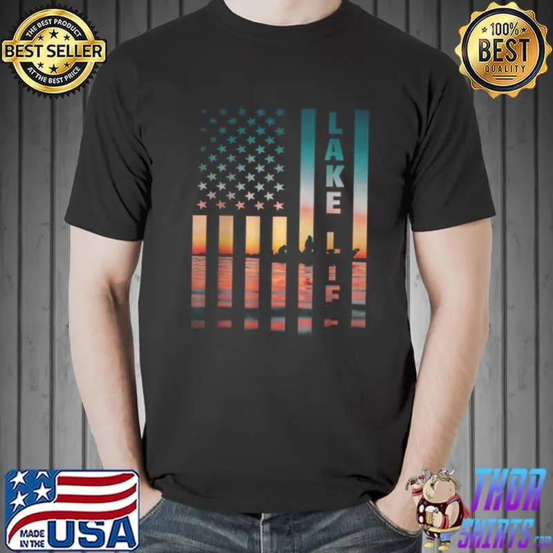 Premium Lake Life Fisherman Sunset American Flag Bass Fishing Boat T Shirt