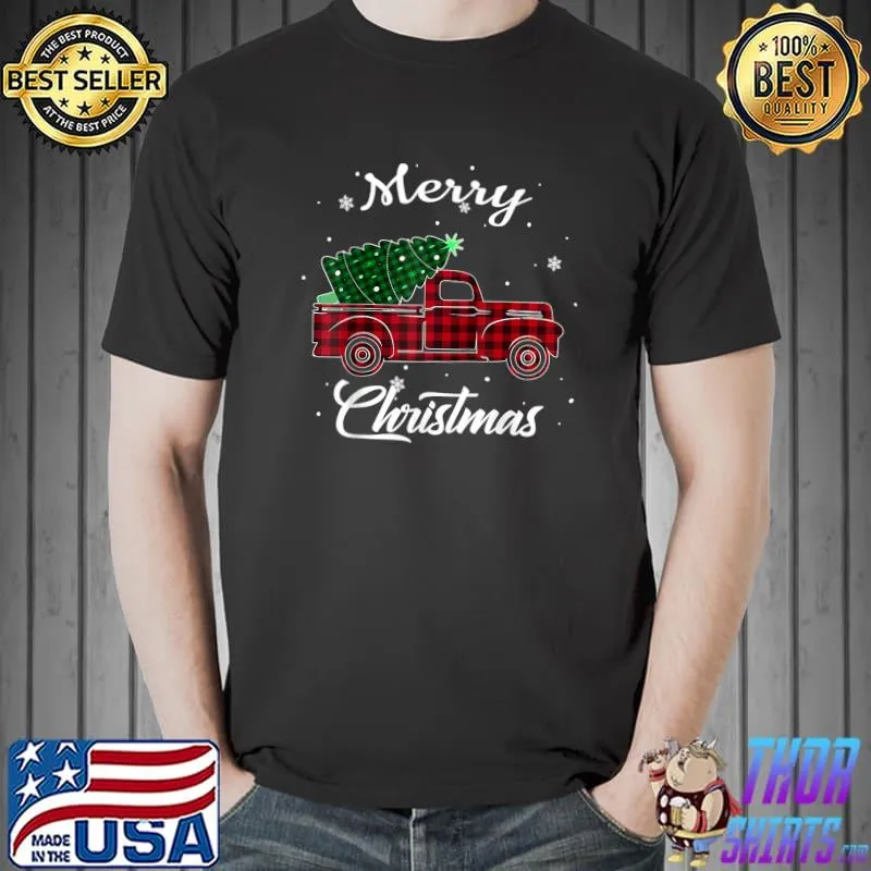 Premium Merry Christmas Buffalo Truck Tree Red Plaid Leopard Women T-Shirt