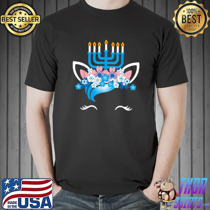 Premium Unicorn Face Hanukkah Funny Gifts Girls Kids Women T-Shirt Unisex
