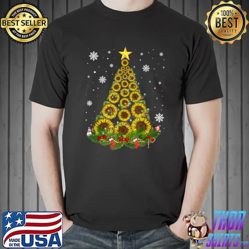 Santa Sunflower Christmas Tree Xmas Lights Santa Sunflower T-Shirt