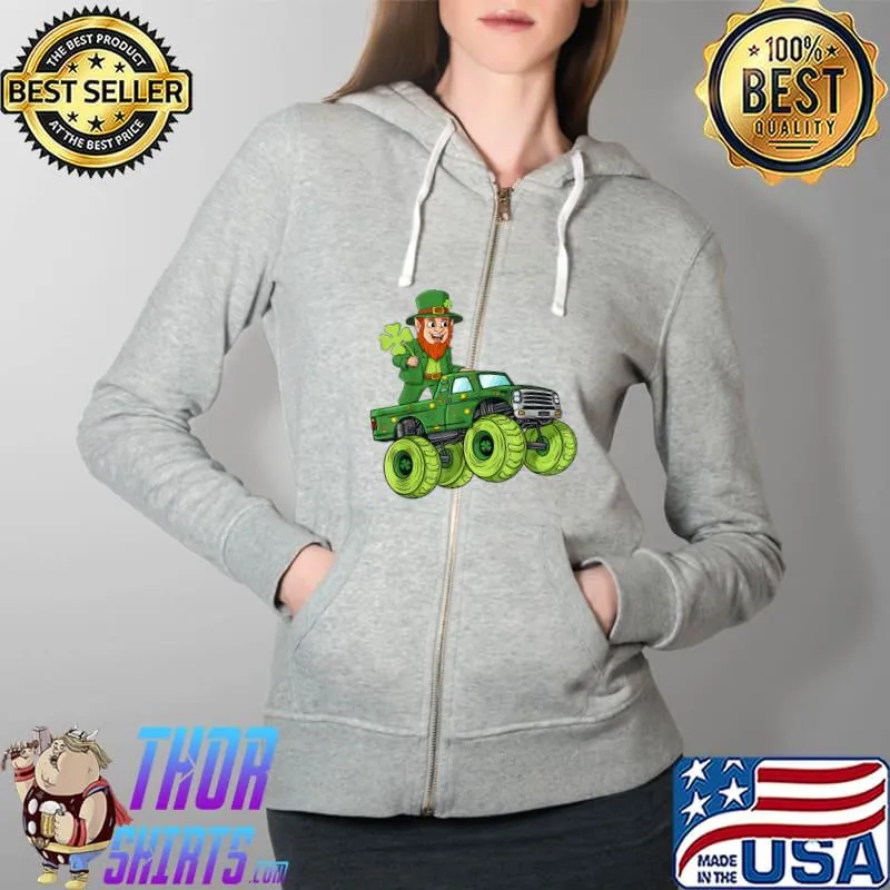 St Patricks Day Leprechaun Monster Truck Lucky Boys Kids T-Shirt Full Zip Hooded