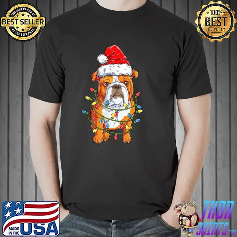 Top English Bulldog Christmas Tree Lights Santa Xmas Boys Girls T Shirt Unisex