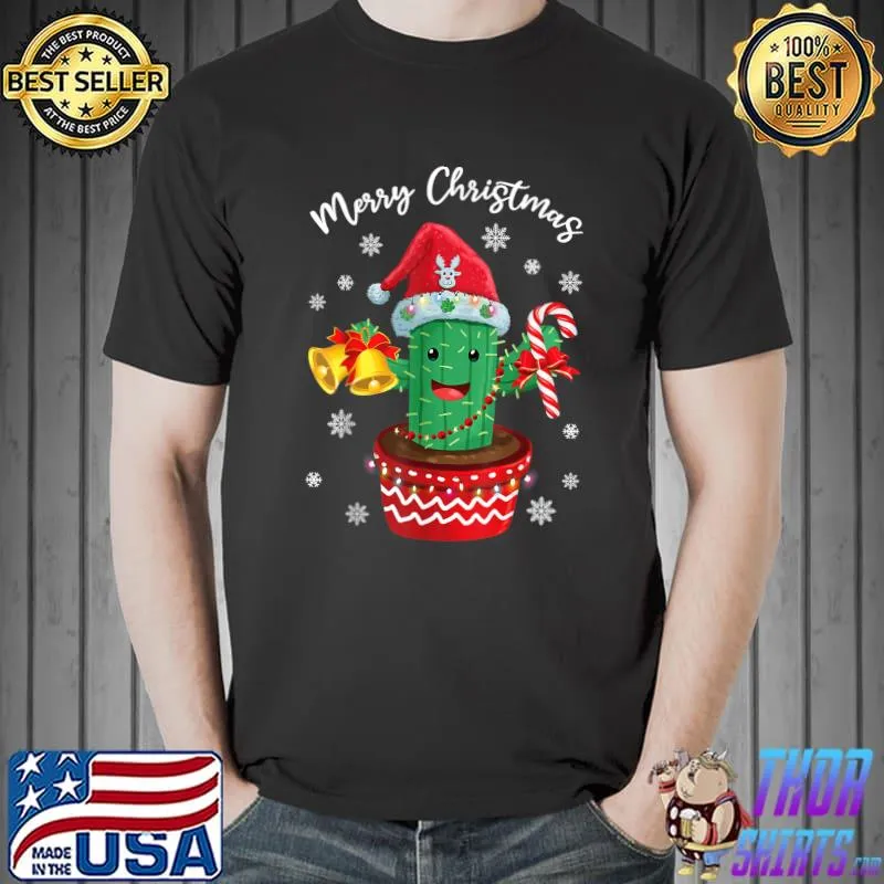Top Merry Christmas Cute Cactus Santa Hat Candy Cane Funny Xmas T-Shirt