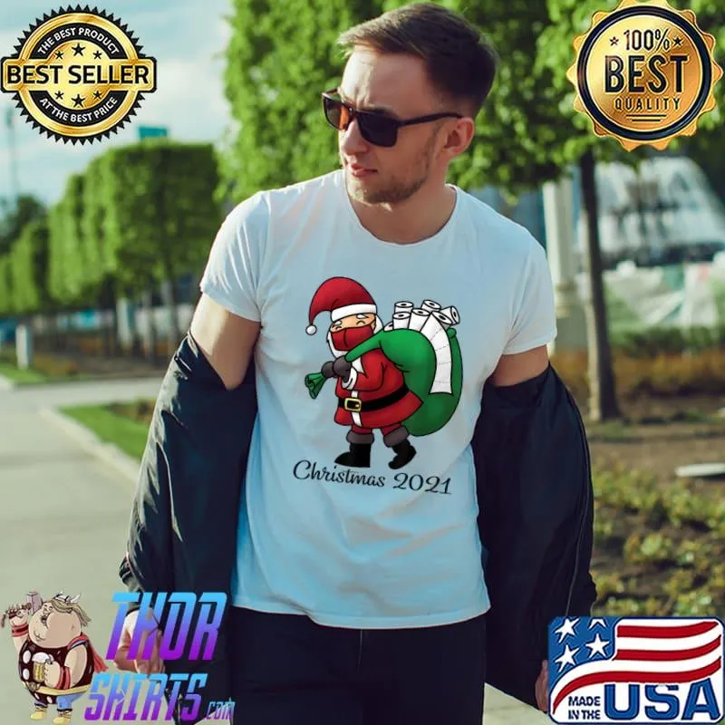 Top Santa with Face Mask and Toilet Paper Funny Christmas 2021 T-Shirt Unisex