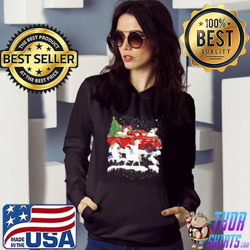 Unicorn Riding Red Truck Xmas Merry Christmas Shirt