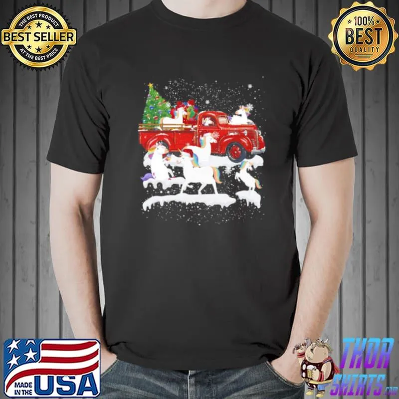 Unicorn Riding Red Truck Xmas Merry Christmas Shirt Unisex