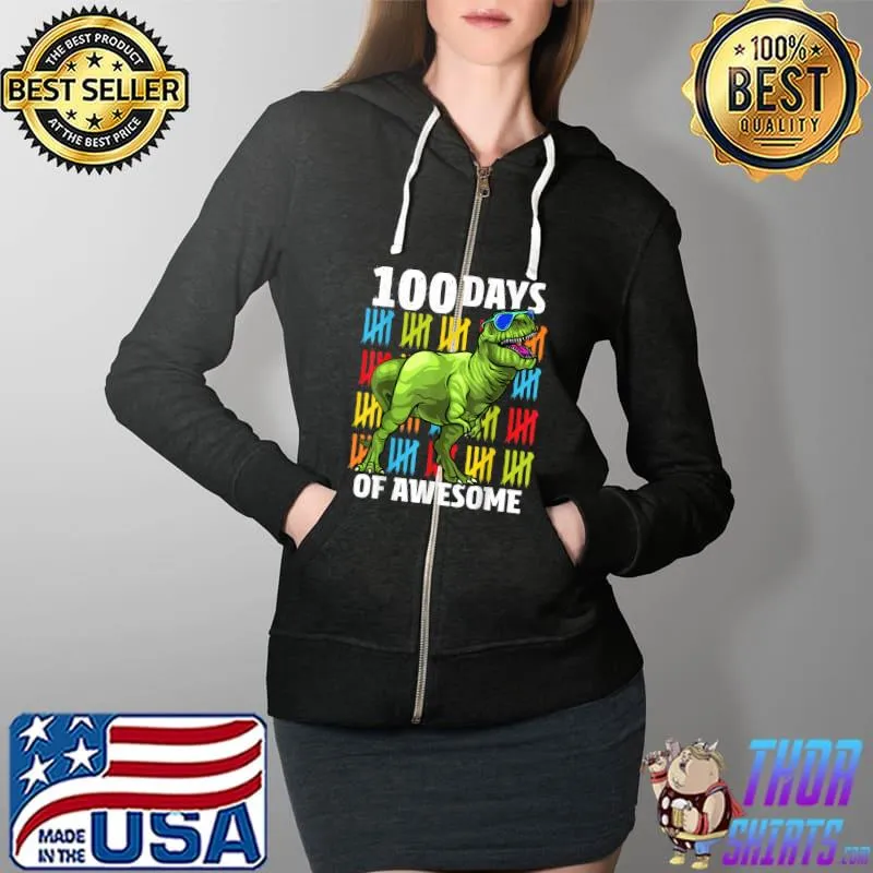 100 Days of School Dinosaur T-Rex Dino Kids Boys 100th Day T-Shirt Full Zip Hooded