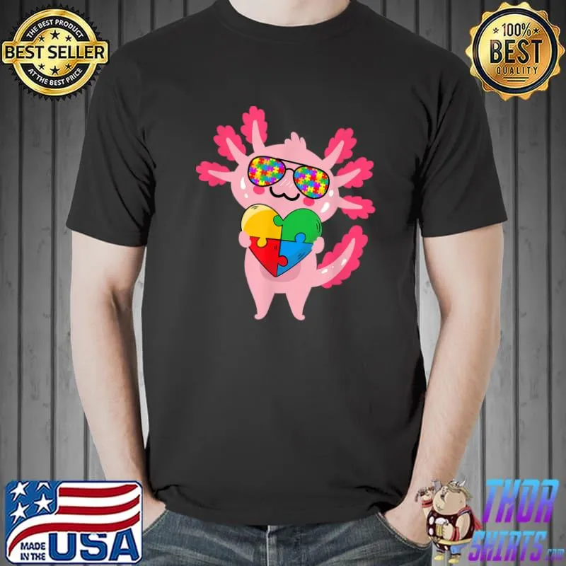Awesome Axolotl Sunglasses Autism Awareness Puzzle Teacher Kids Love T-Shirt